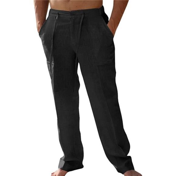 Men's Casual Linen Pants Loose Fit Straight-Legs Elastic